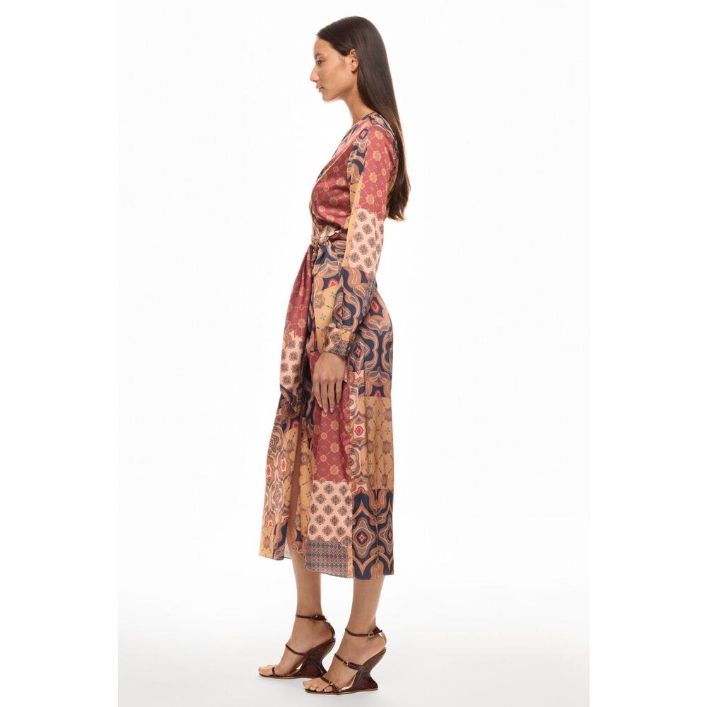 MISA Eliza Patchwork Print Long Sleeve Tie Waist Boho Wrap Midi Dress Size M - Picture 2 of 16